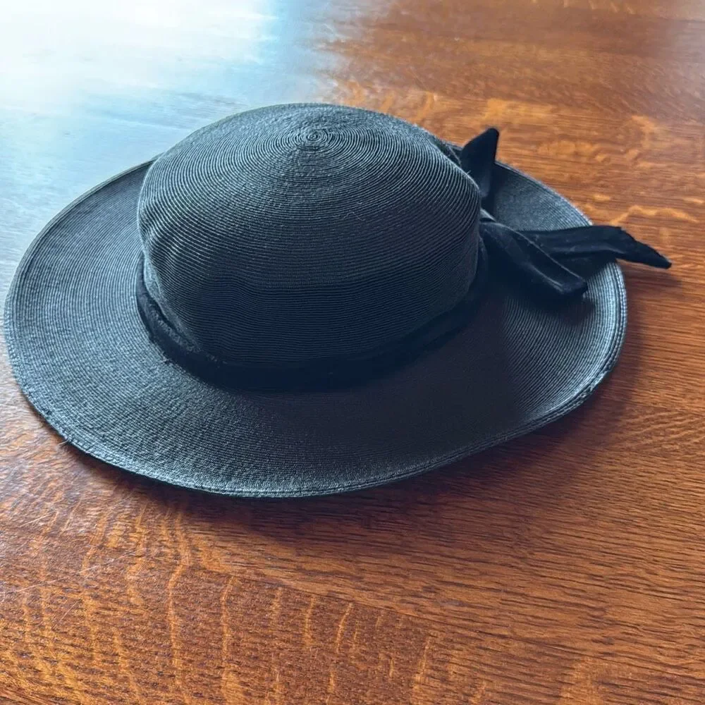 Vintage Black‎ Finely Woven Straw Hat With Black Velvet Bow Women’s Size Small - Picture 4 of 13